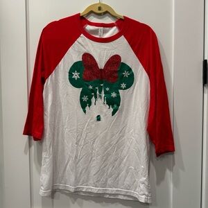 Holiday Mouse Ears 3/4 Sleeve Baseball Style Red & White Women’s Shirt Size Lrg